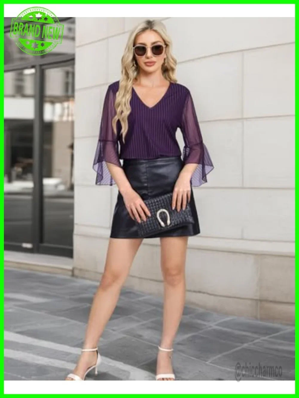 Women's V Neck 3/4 Ruffle Bell Sleeve Blouse Double Layers Mesh Tunic Top